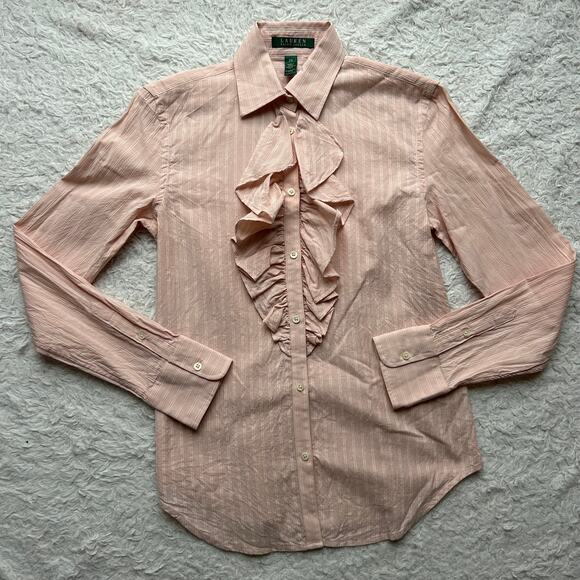 Lauren Ralph Lauren Pinky Peach Pinstripe Ruffle Neck Button Down Blouse Size XS - Picture 1 of 7